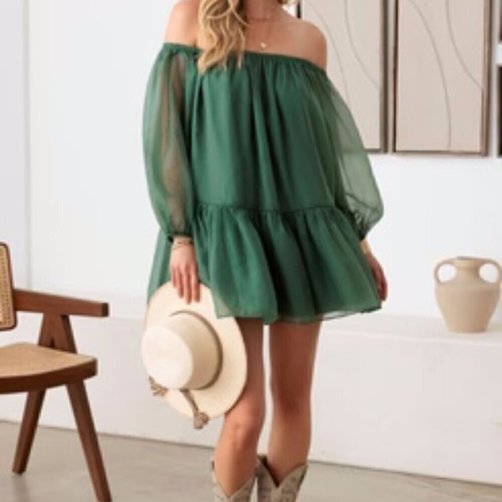 Green Organza Off Shoulder Puff Sleeve Drop Waist Mini Dress